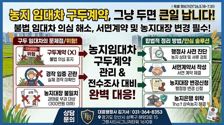 농지 임대차 구두계약, 농지전수조사 전 서면계약으로 정리해야 합니다. 농지대장 변경신청·농지은행 위탁·처분명령 위험까지 확인하세요