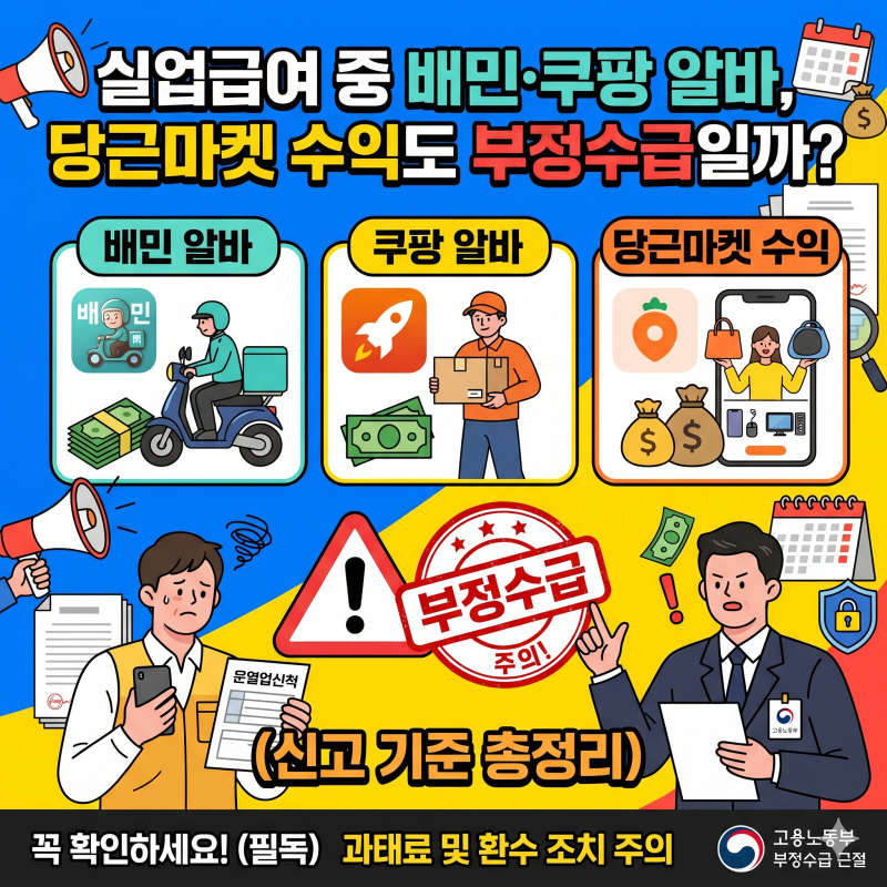 실업급여 중 배민·쿠팡 알바, 당근마켓 수익도 부정수급일까? (신고 기준 총정리)