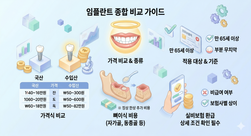 임플란트 가격 비교 건강보험 적용 나이 대상 기준 종류 국산 수입산 차이 뼈이식 비용 실비....