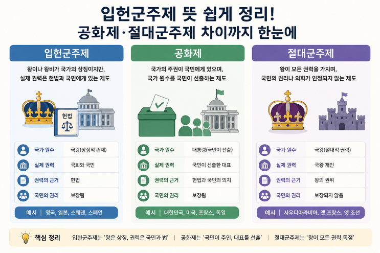  입헌군주제 뜻 쉽게 정리! 공화제·절대군주제 차이까지 한눈에