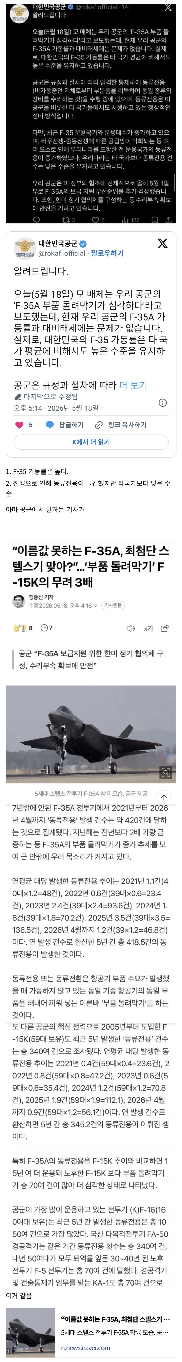  F-35A 부품 가지고 트집잡고 기사 올린것에 대해 반박하는 공군