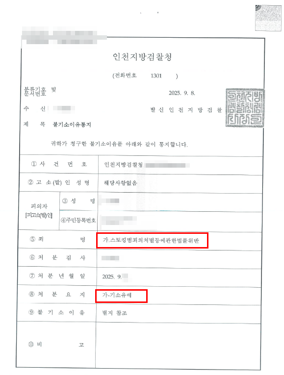 인천스토킹변호사 처벌불원서 있으면, 무죄 불송치 기소유예 ? 관련 사진