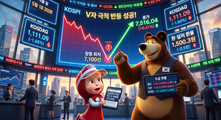   [2026.05.18 증시 마감 브리핑] 장중 -4% 공포 딛고 강보합 반등… '하락 하루 만에 반전'