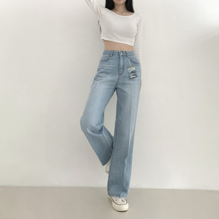  여자 레직기 청바지 추천 허리밴딩 일자핏 세미와이드 데님팬츠 코디