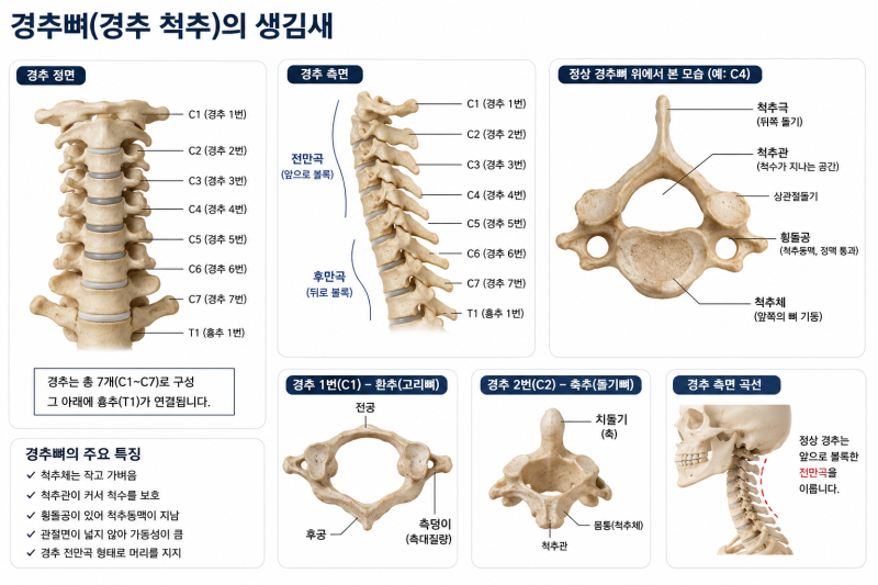 경추 척추 뼈의 이해 : 경추 1번 2번 3번 4번 5번 6번 7번 8번 위치 및 신경압박 시 유발증상은