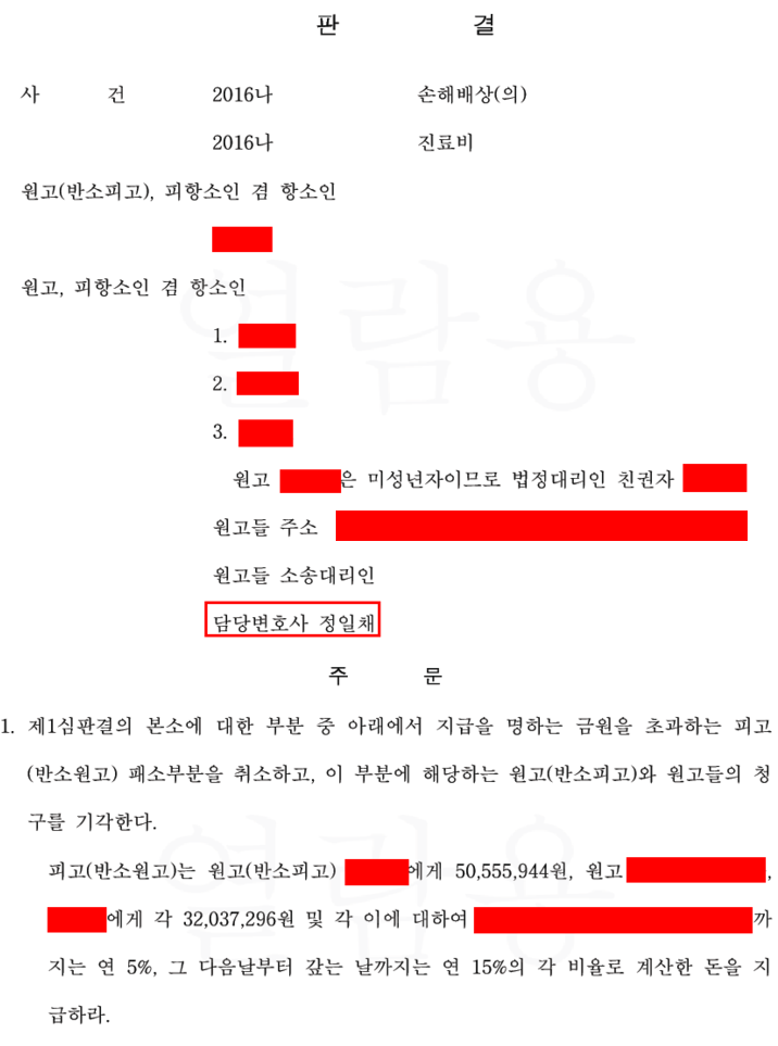  정일채 변호사 사건 사례 | 뇌동맥류 파열 이후 수술 중 과실 의료 사건 승소 사례