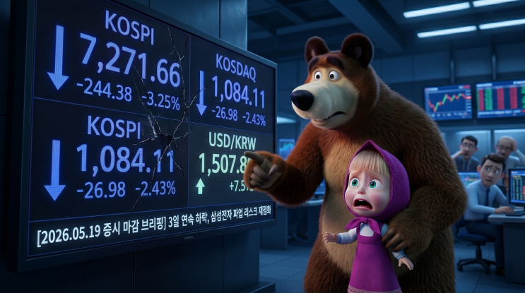   [2026.05.19 증시 마감 브리핑] 코스피 3.25% 추가 하락 7,271… 3일 연속 약세, 환율 1,508원 돌파