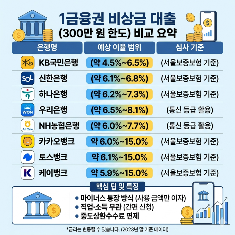 주요 은행의 비상금 대출(소액 마이너스 통장) 상품 은행별 비