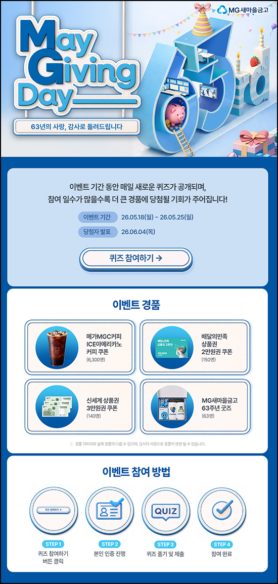  MG 새마을금고 퀴즈이벤트 3일차(메가커피등 66,53명)추첨~05.25