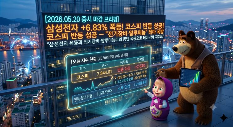   [2026.05.20 증시 마감 브리핑] 삼성전자 +6.83% 폭등! 코스피 반등 성공 — '전기장비·알루미늄' 테마 폭발