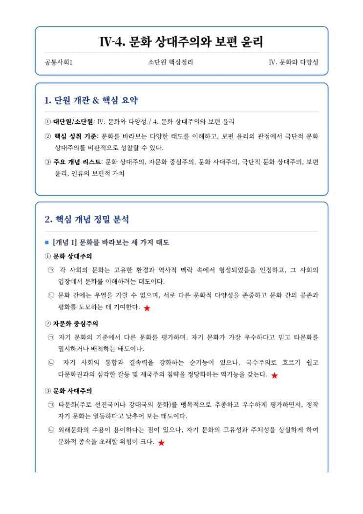  [공통사회1] 4단원 소단원 (4) 문화 상대주의와 보편 윤리 핵심정리&내신대비문제  [수원CMA외고면접대비]