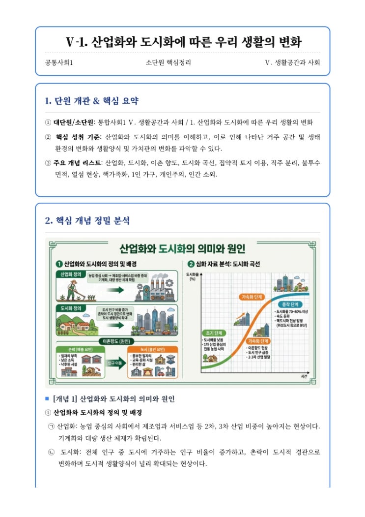  [공통사회1] 5단원 소단원 (1) 산업화와 도시화에 따른 우리 생활의 변화 핵심정리&내신대비문제  [우만동CMA국어영어학원]