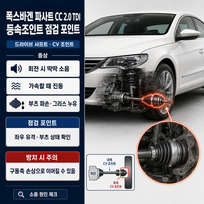 폭스바겐 파사트 CC 2.0 TDI 등속조인트 소음 증상과 교체 전 점검 포인트