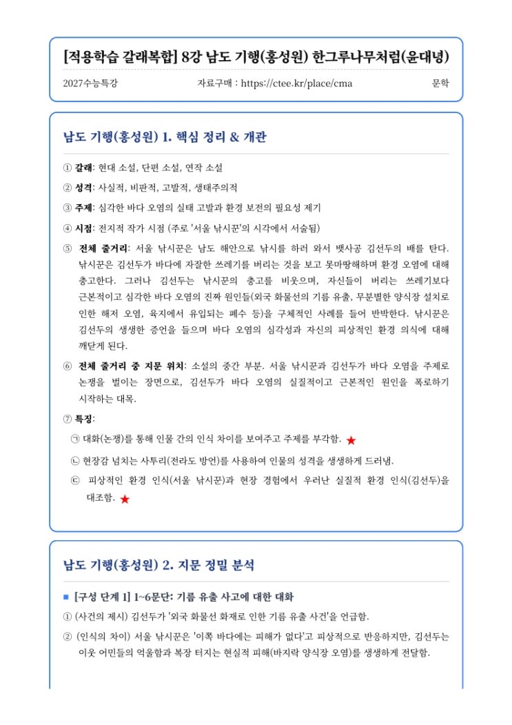  2027수능특강 문학 [적용학습 갈래복합] 8강 남도 기행(홍성원) 한그루나무처럼(윤대녕) 핵심정리&변형문제  [수원CMA국어영어학원]