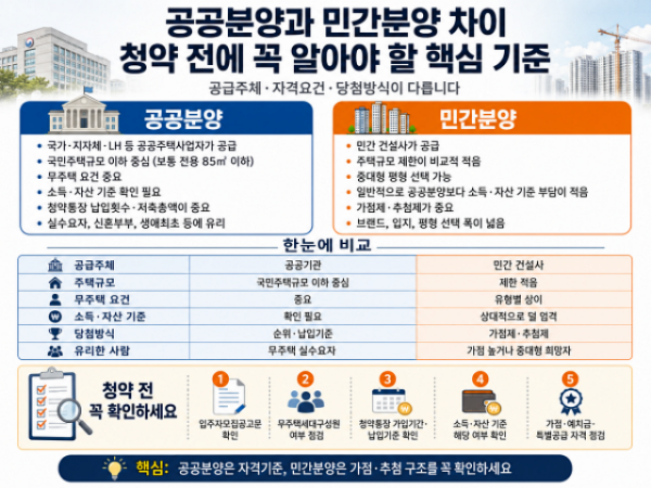 공공분양과 민간분양 차이, 청약 전에 꼭 알아야 할 핵심 기준