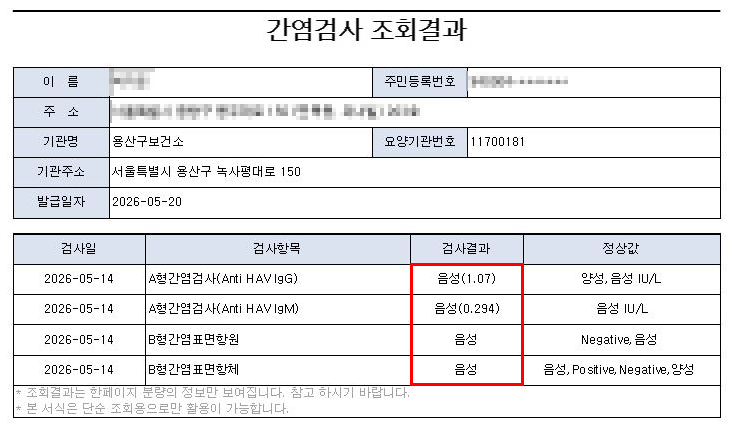 [세계여행 준비] 01. 예방접종 전 간염 항체 검사 및 비용 / 용산구 보건소, e보건소 결과 확인 ....