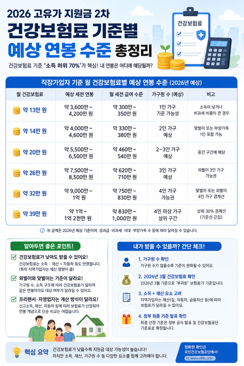 내 연봉으로 받을 수 있어? 2026 고유가 지원금 건강보험료 기준별 예상 연봉 수준 정리