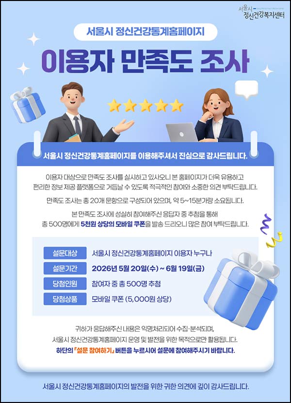  서울 정신건강통계 홈페이지 만족도 조사(상품권 5천원 500명)추첨~06.19