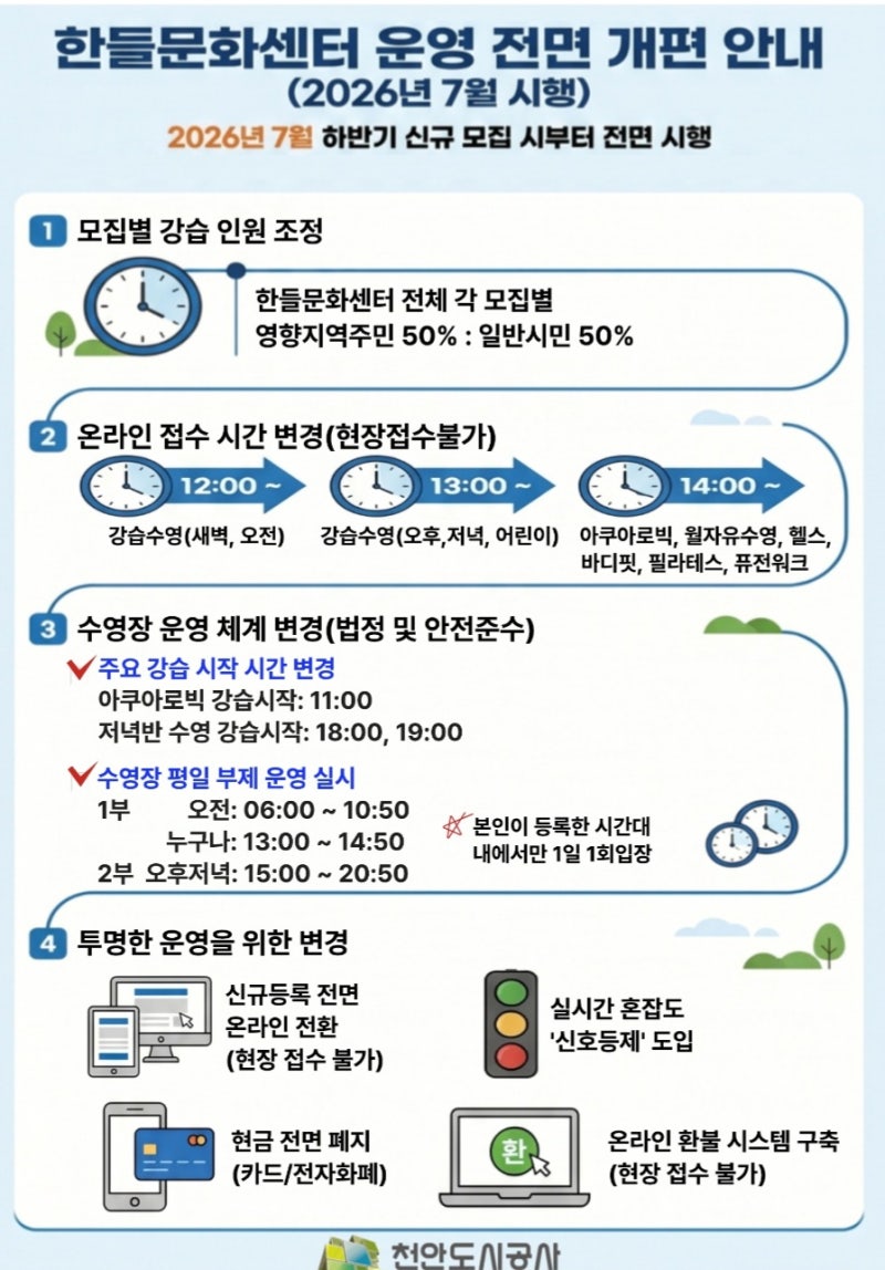 천안 한들문화센터 2026년 7월부터 수영 강습 접수방법 및 접수시간 변경 (시간 분산, 평일 부....