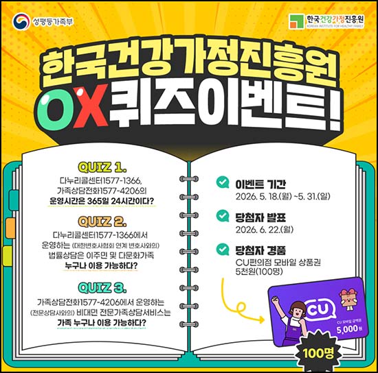  한국건강가정진흥원 카톡플친 퀴즈이벤트(CU 5천원 100명)추첨~05.31