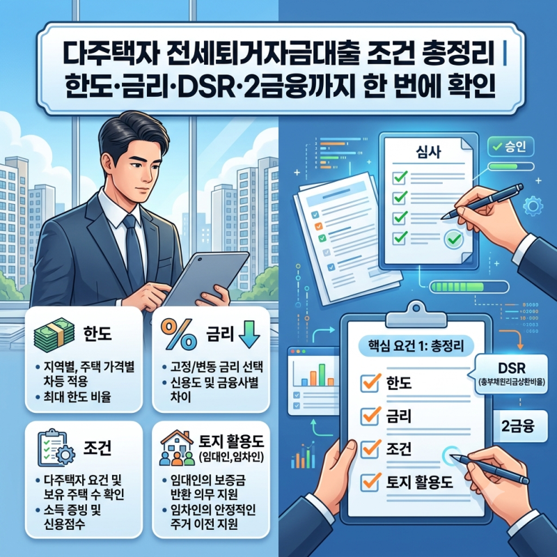 다주택자 전세퇴거자금대출 조건 총정리｜한도·금리·DSR·2금융까지 한 번에 확인