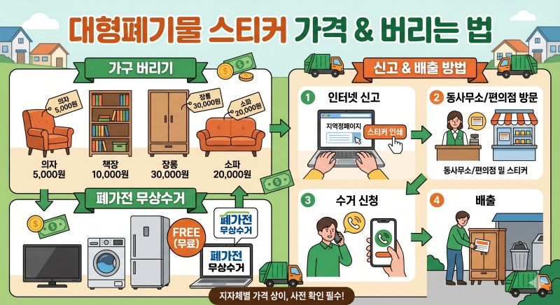 대형폐기물 스티커 가격 인터넷 신고 배출 방법 가구 버리기 비용 동사무소 편의점 수거 신....