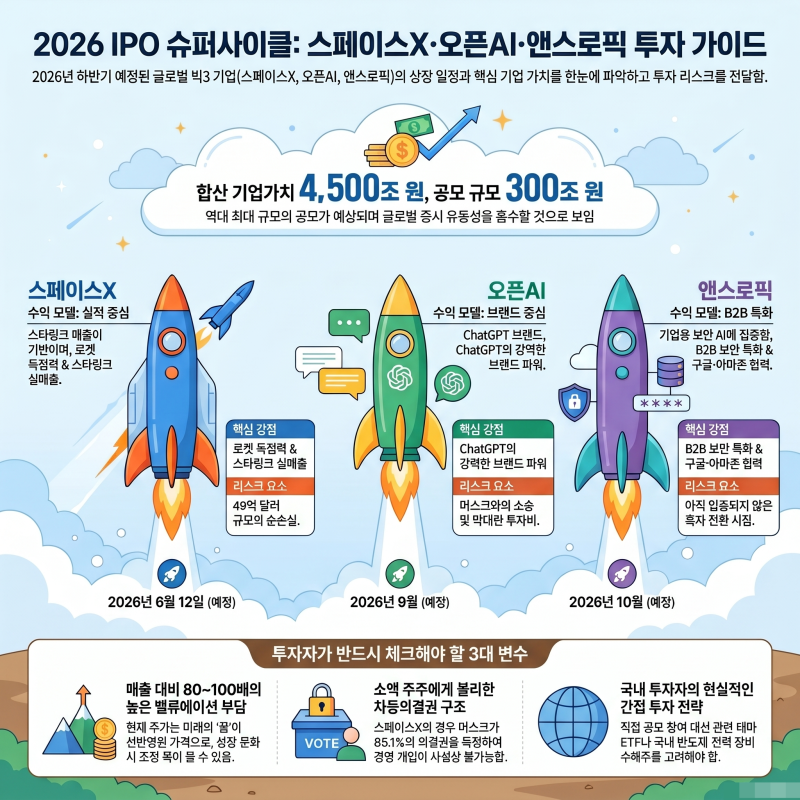막오른 美 초거대 IPO 시대 | 스페이스X·오픈AI·앤스로픽 기업가치 4500조 한눈에 보기