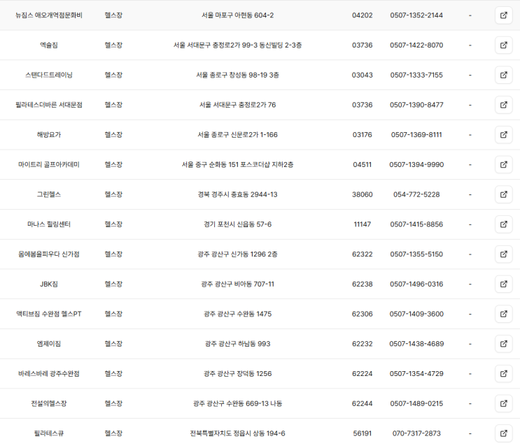  전국 헬스장 주소록 (헬스장 DB 리스트)