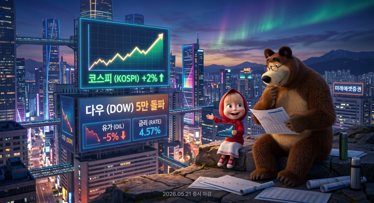   [2026.05.21 증시 마감 브리핑] 미국 다우 5만선 돌파 + 유가·금리 급락 호재 — 코스피 반등 랠리 재개!