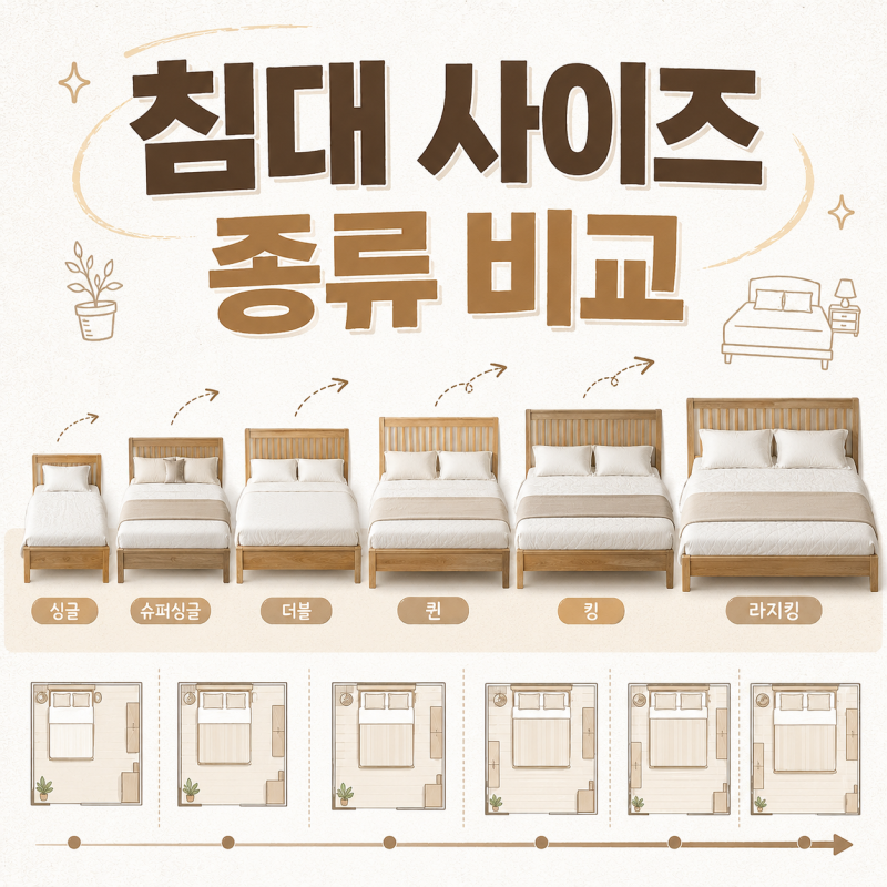침대 사이즈 종류 비교 슈퍼 싱글 더블 퀸 라지킹 체감 크기 차이 한눈에
