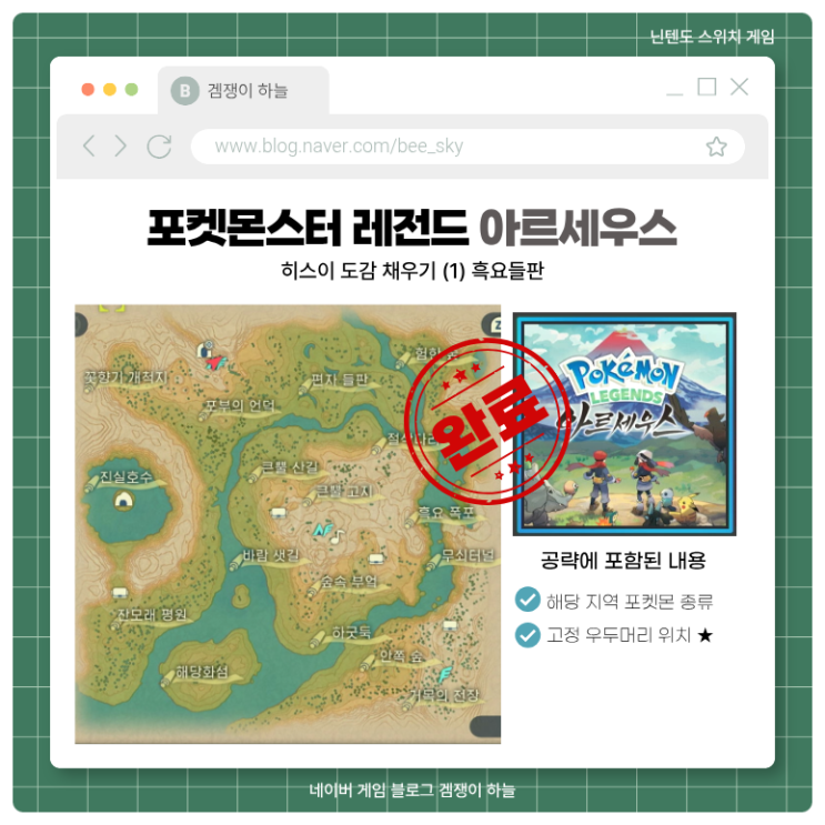  포켓몬 아르세우스 | 흑요들판 히스이 도감 & 고정 우두머리 위치 정리