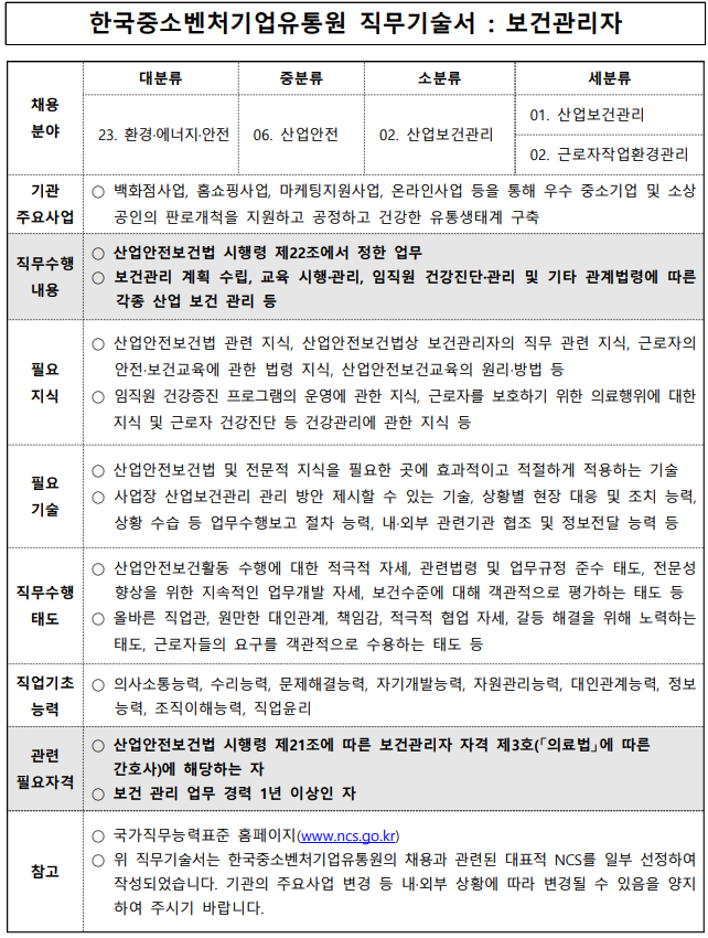  한국중소벤처기업유통원 보건관리자 채용/연봉 4300만원/경력 계약직/기업리뷰/ 직무기술서