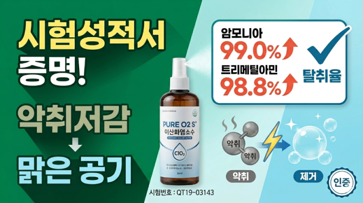  악취 고민 끝! 퓨어오투 S+ 이산화염소수의 강력한 탈취 효과 증명