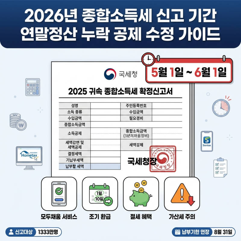 2026년 종합소득세 신고 기간 방법 연말정산 누락 공제 수정 가이드