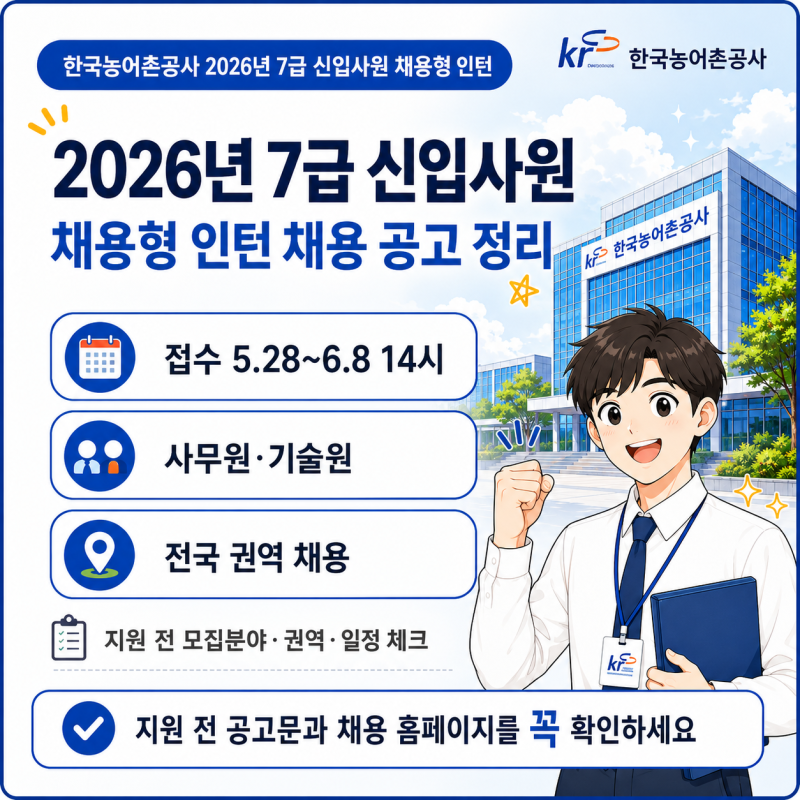한국농어촌공사 2026년 7급 신입사원 채용형 인턴 공고 정리