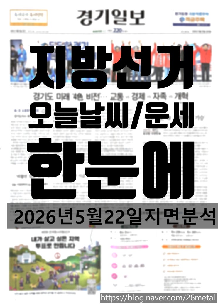  경기일보 2026년 5월 22일. 지역, 지방선거와 공약, 경제, 안양시장 선거와 광주시장 선거 그리고 교육 지면 까지 정리
