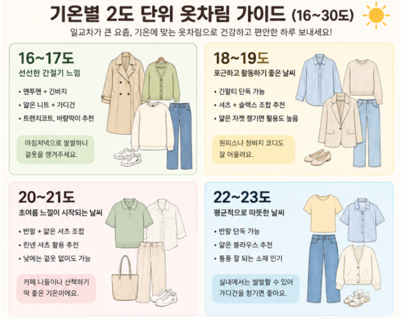 기온별 온도별 옷차림(18, 19, 20, 21, 22, 23, 24, 25, 26, 27, 28, 29, 30도) 오늘 날씨 옷차림 어떻게?