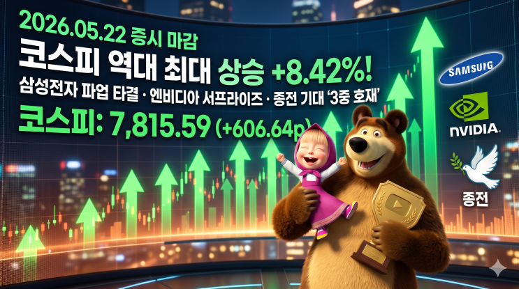   [2026.05.22 증시 마감 브리핑] 코스피 역대 최대 상승 +8.42%! 삼성전자 파업 타결·엔비디아 서프라이즈·종전 기대 '3중 호재'
