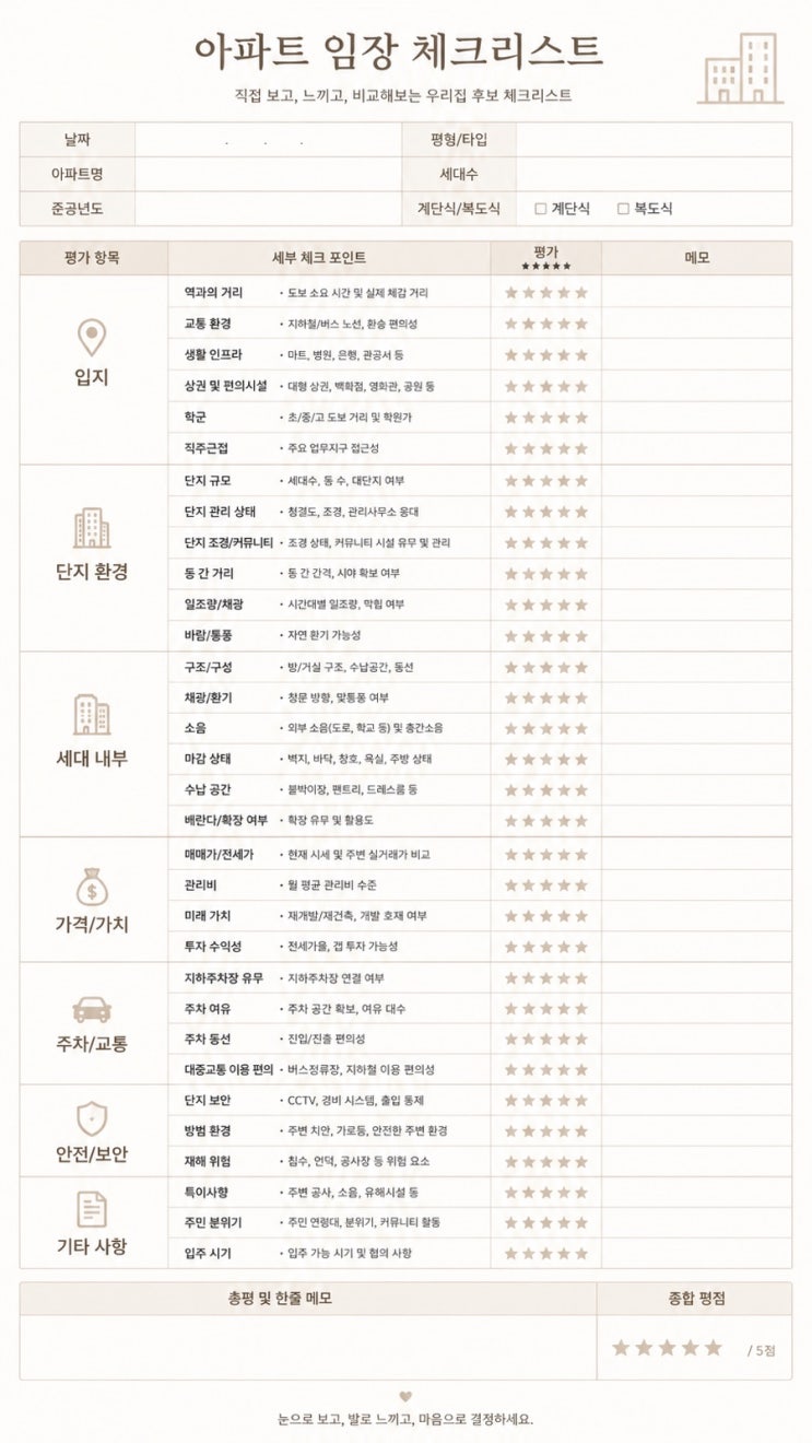  내집 마련에 꼭 필수 ! 직접 만든 아파트 임장 체크리스트 파일 공유