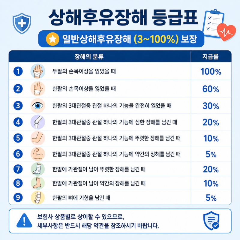 상해후유장해 등급표 총정리｜3%부터 100%까지 보장 기준 쉽게 설명
