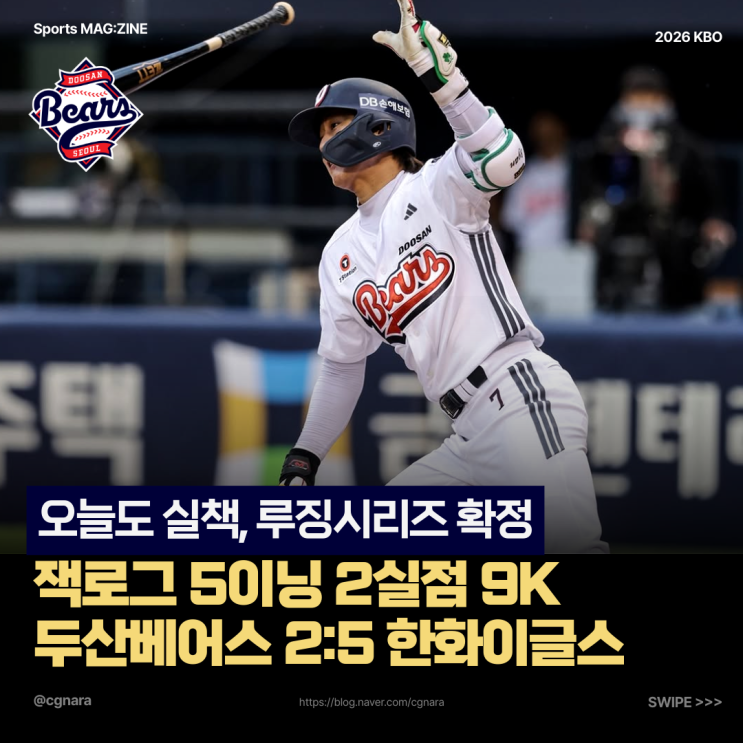 "오늘도 수비 실책에 자멸" 잭로그 5이닝 2<b>실점</b> 9K... 