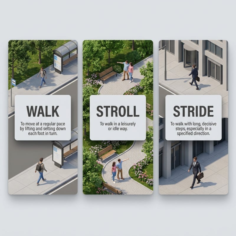 stroll around(on) 뜻 / stride 차이 / taken in stride, make strides