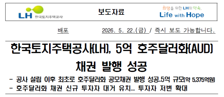 LH 5억 호주달러 채권 발행 성공이 우리 부동산 시장에 던지는 의미