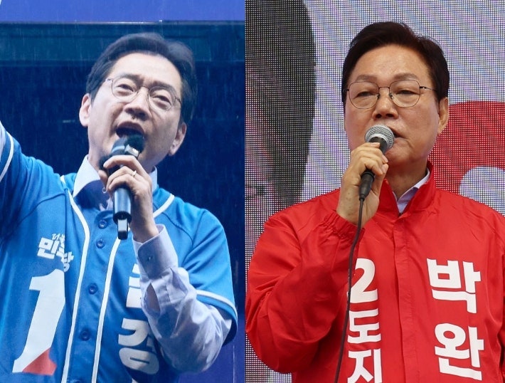 "여론조사꽃" 경남도지사 선거 국민의힘 박완수 44.2% 더불어민주당 김경수 43.4%, 초접전