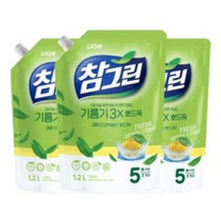  참그린 레몬 녹차 뽀드득 주방세제 리필 1.2L 3개 - 기름때 깔끔한 친환경 선택