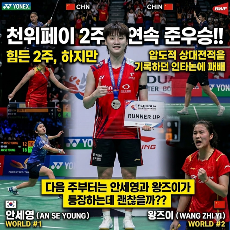 천위페이 2주연속 준우승!! BWF 말레이시아 마스터즈 결승에서 압도적 우위를 보이던 인타논에 완패!! 다음주 싱가포르오픈에는 안세영, 왕즈이, 야마구치 총출동인데 괜찮을까??