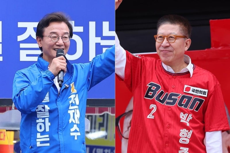 "여론조사꽃" 부산시장 선거 더불어민주당 전재수 49.7% vs 국민의힘 박형준 39.8%, 격차 9.9%p