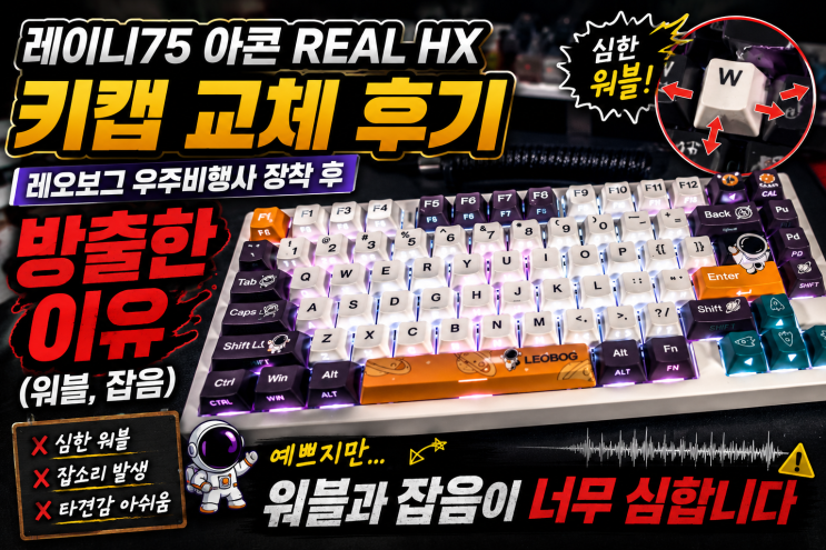  레이니75 아콘 REAL HX 키캡 교체 후기, 레오보그 우주비행사 장착 후 방출한 이유(심한 워블과 잡음)
