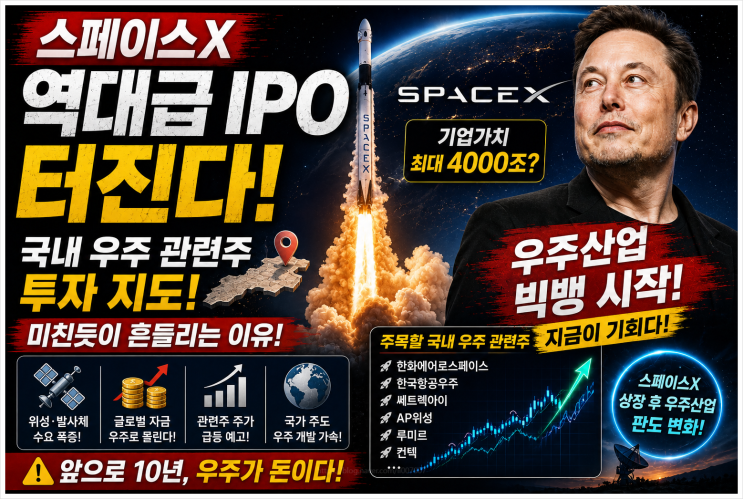  스페이스X 역대급 IPO 터진다! 국내 우주 관련주 투자 지도 미친듯이 흔들리는 이유