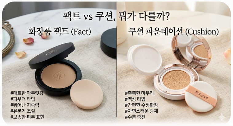 팩트 vs 쿠션, 뭐가 다를까? 초보자도 쉽게 이해하는 차이점 총정리